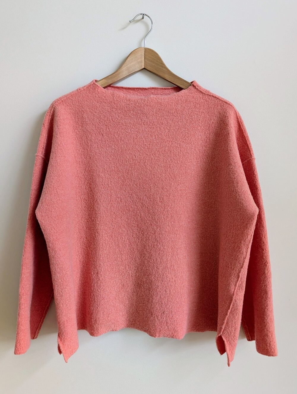 Eileen Fisher 100% Wool Large Coral Pink Sweater Top Boiled Wool